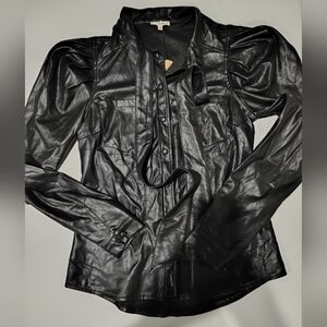 Aaron & Amber Elegant Black Leather Long Sleeve Button Up Women's Blouse Size S